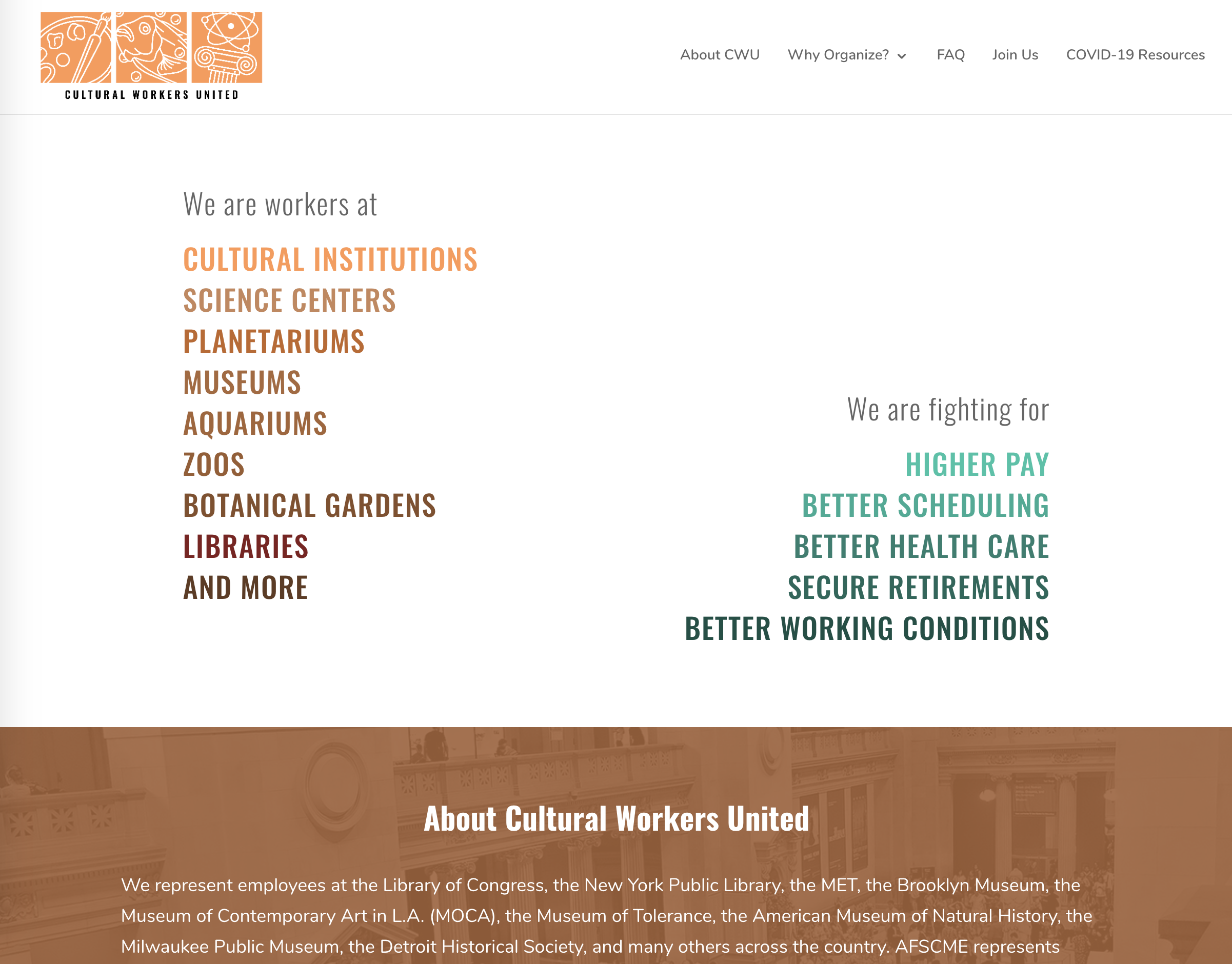 Screenshot of Cultural Workers United website