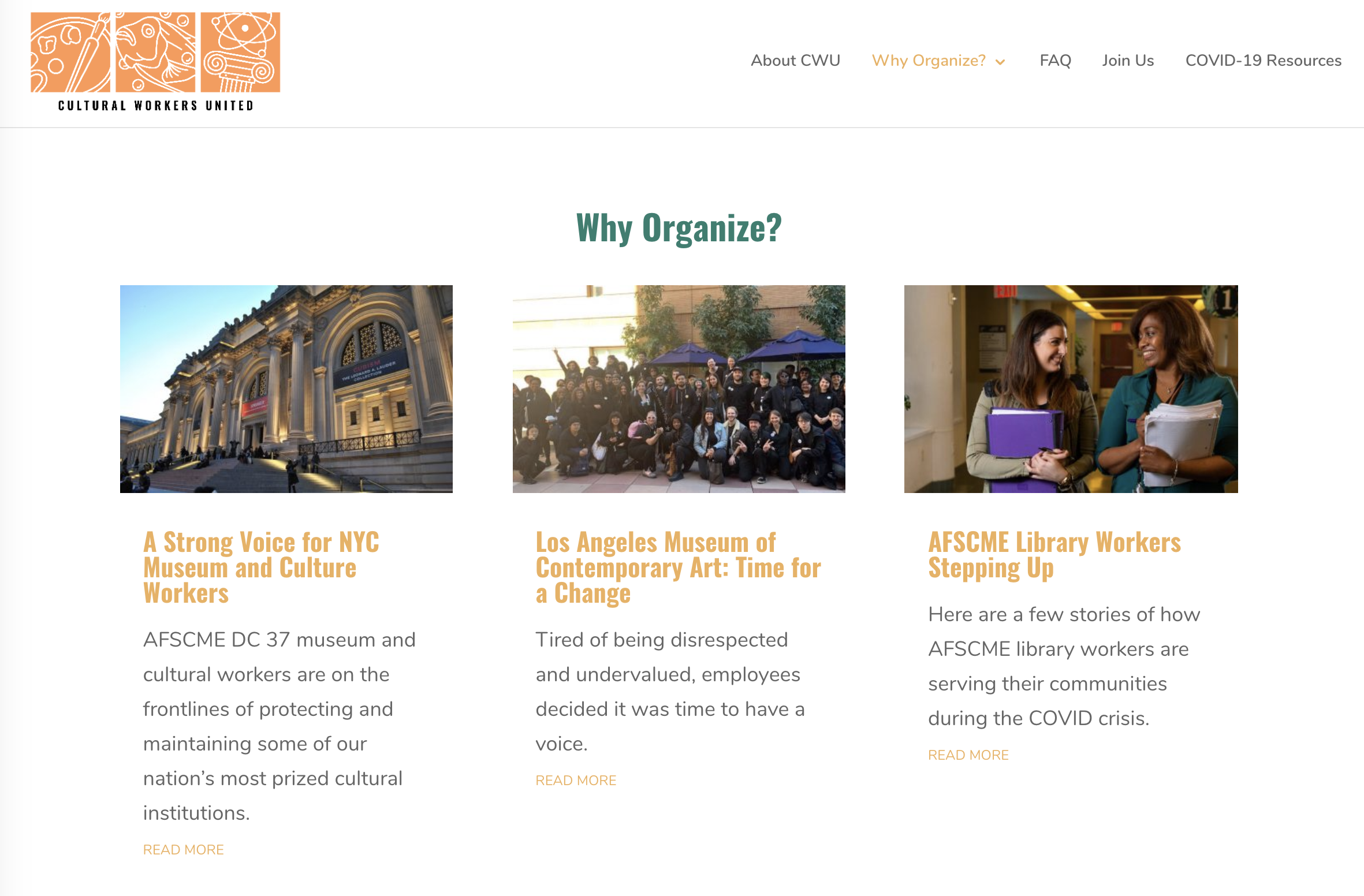 Screenshot of blog posts from Cultural Workers United site