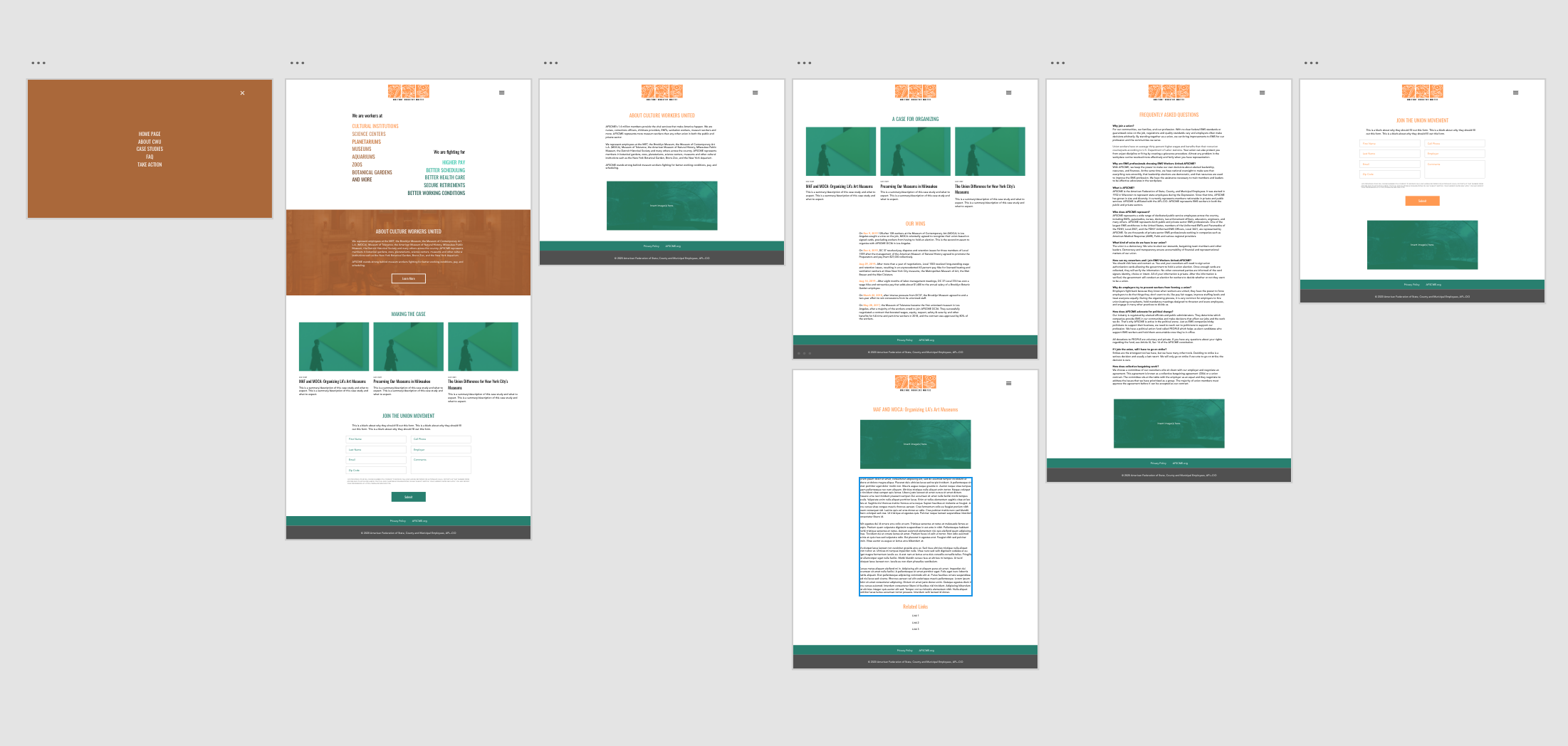 Mock ups for Cultural Workers United site